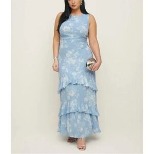 Reformation Magnus Light Blue Floral Tiered Maxi Dress
